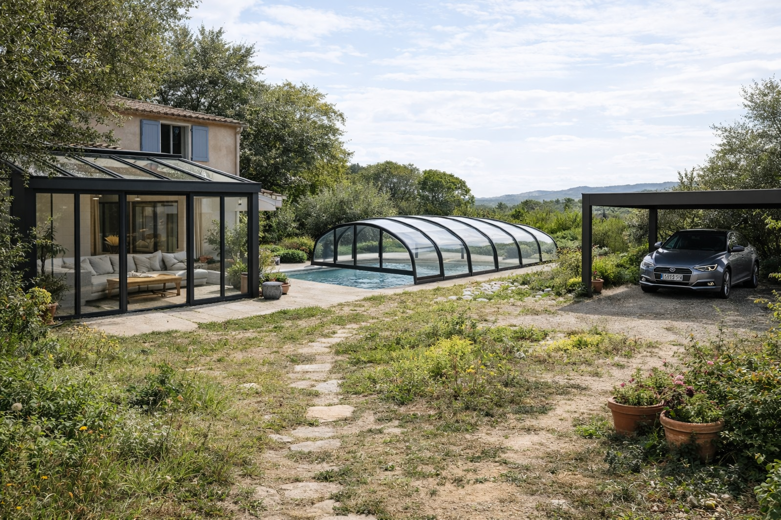 Véranda, abri de piscine et carport installés autour d’une maison