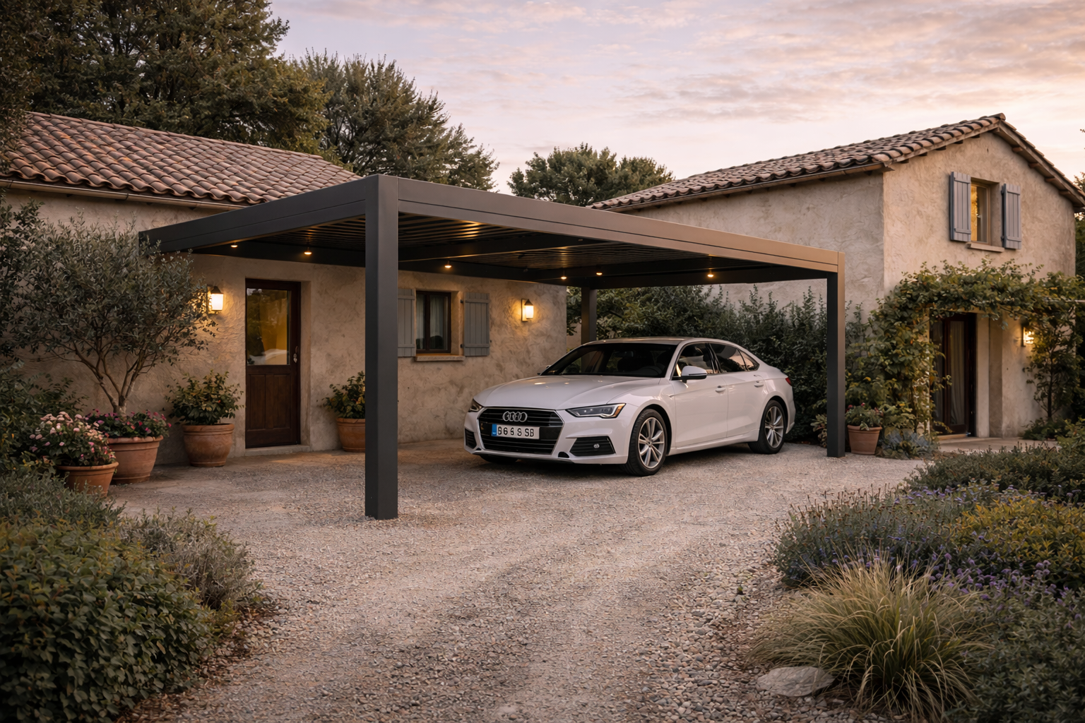 Carport aluminium installé devant une maison