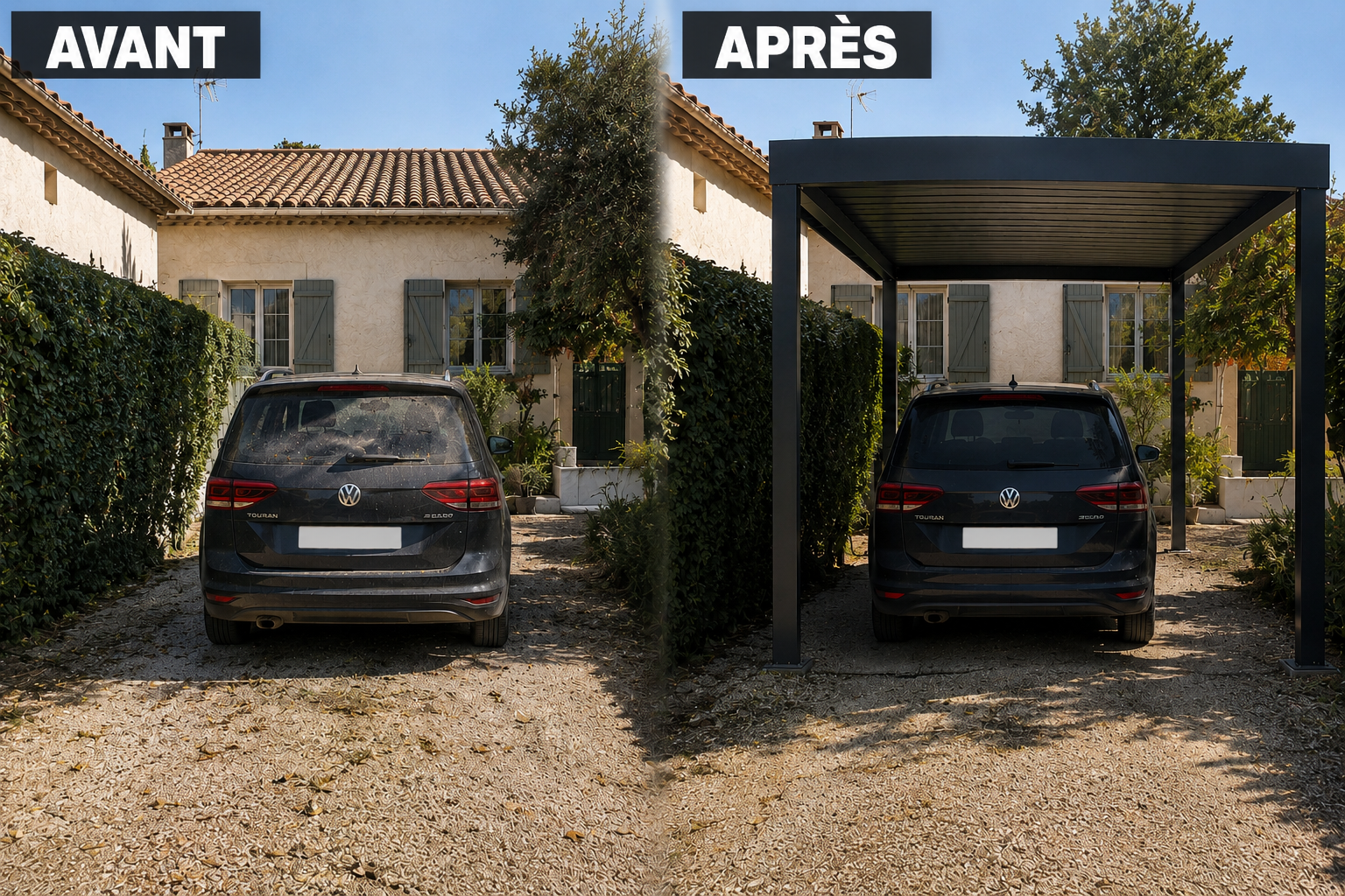 Avant après pose d’un carport aluminium devant une maison