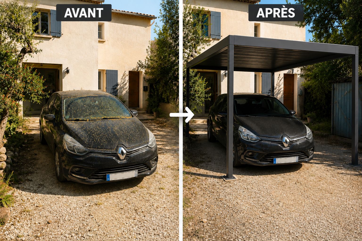 Avant après installation d’un carport aluminium sur mesure
