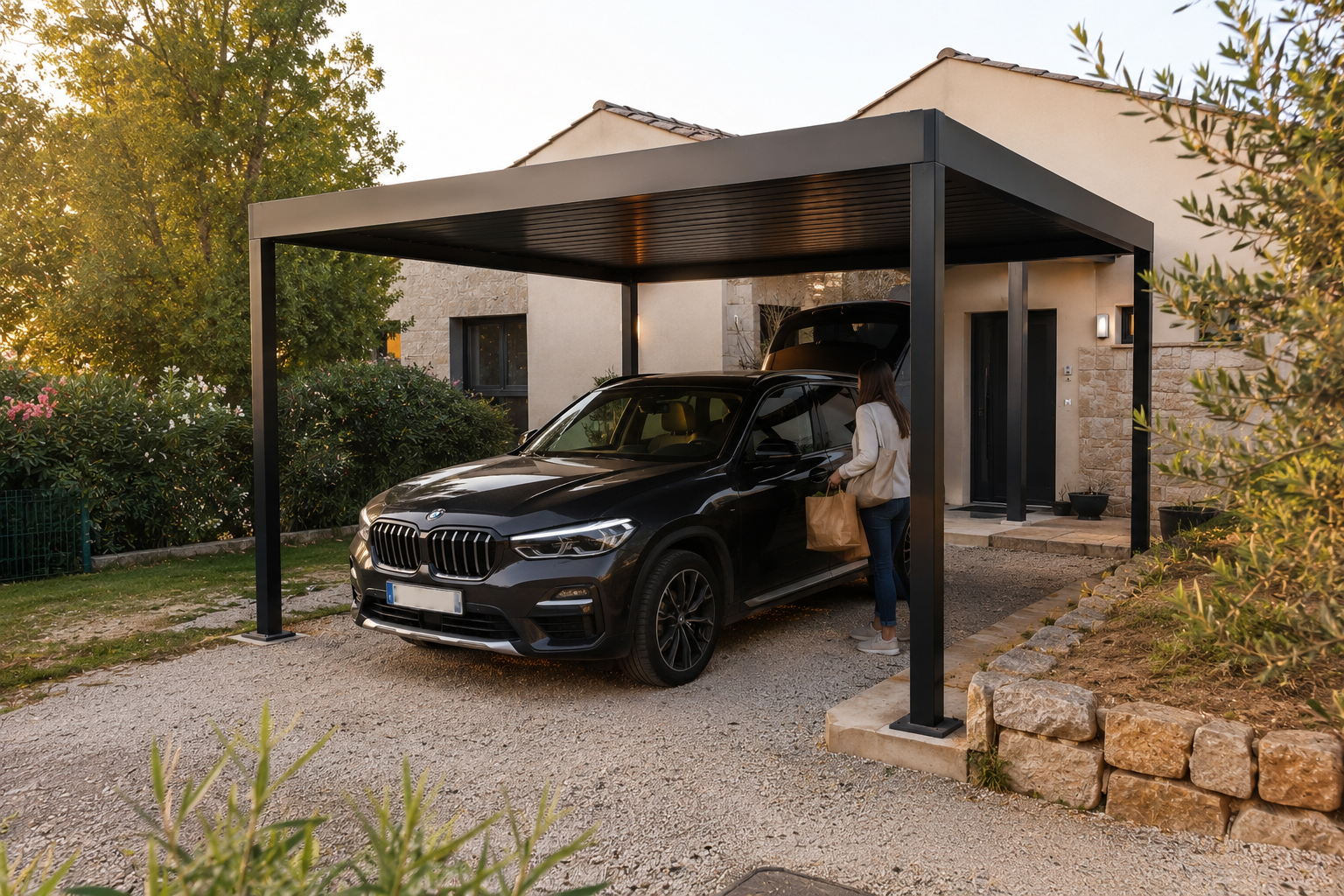 Carport aluminium installé devant une maison