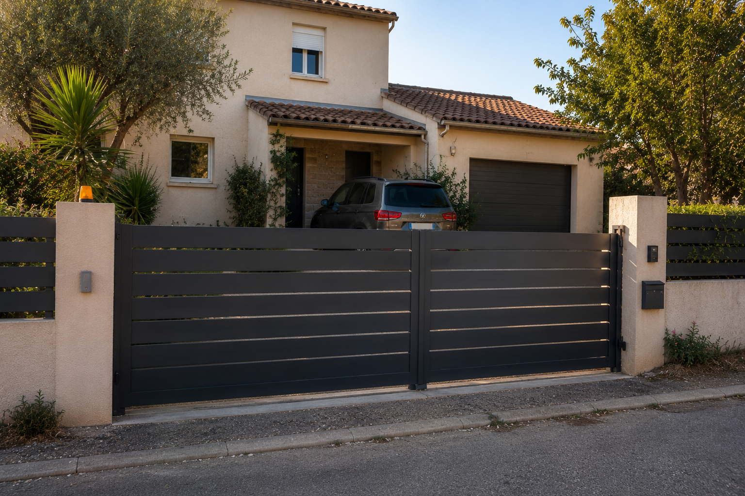 Portail aluminium gris battant installé devant une maison