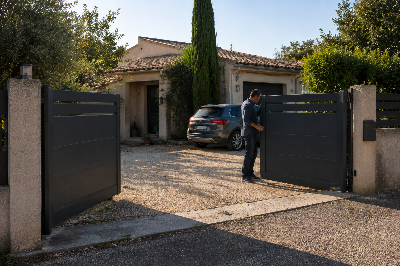 Portail battant aluminium gris ouvert à l’entrée d’une maison