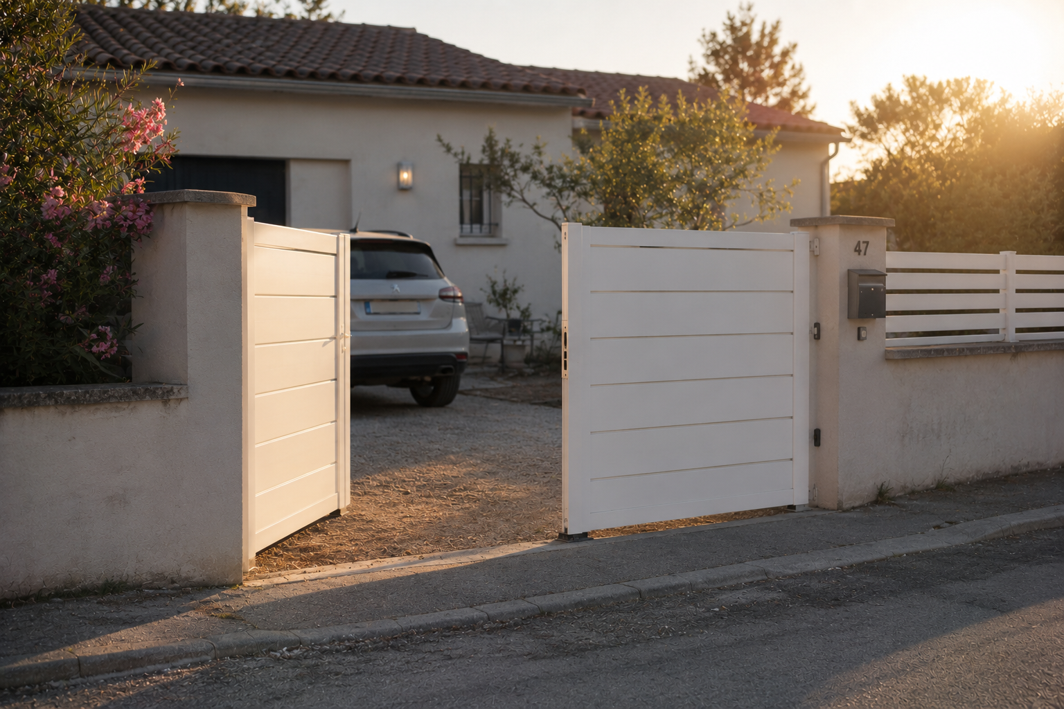 Portail battant aluminium blanc installé à l’entrée d’une maison