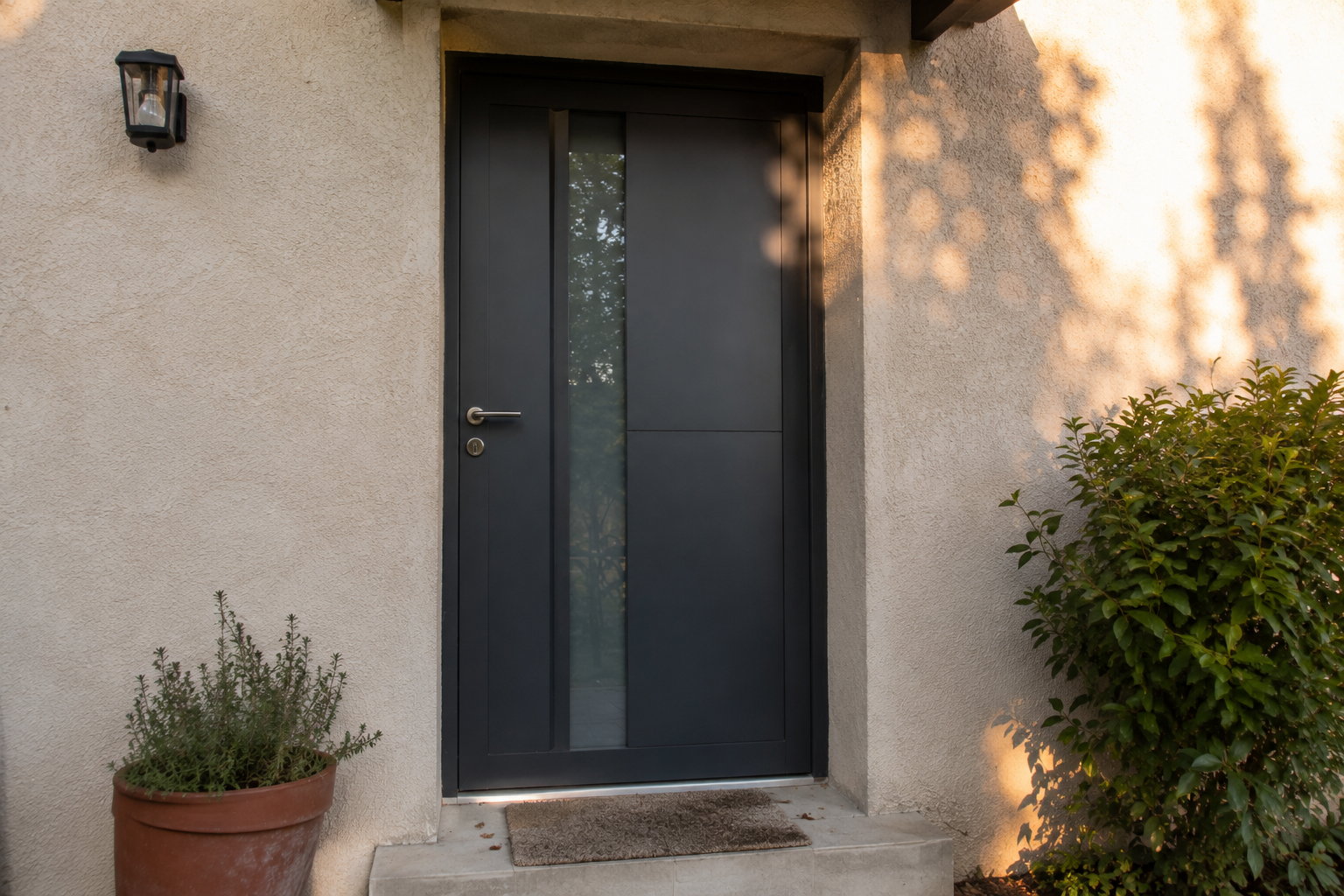 Porte d’entrée aluminium gris anthracite avec vitrage vertical