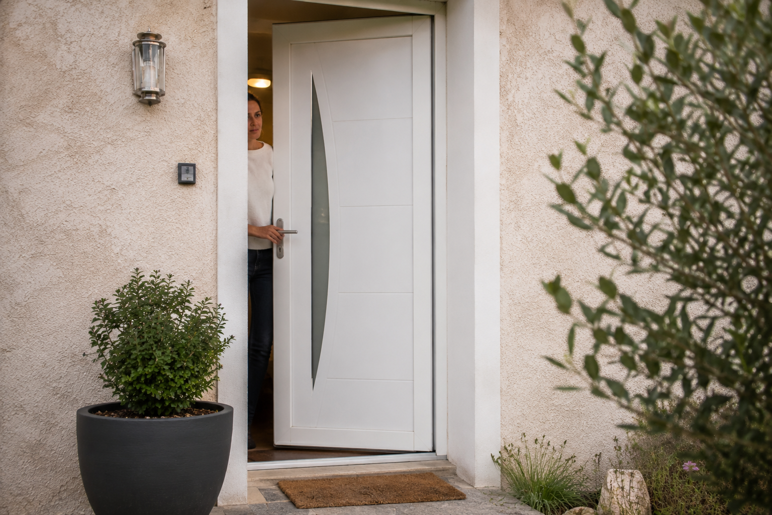 Porte d’entrée aluminium blanche avec vitrage décoratif