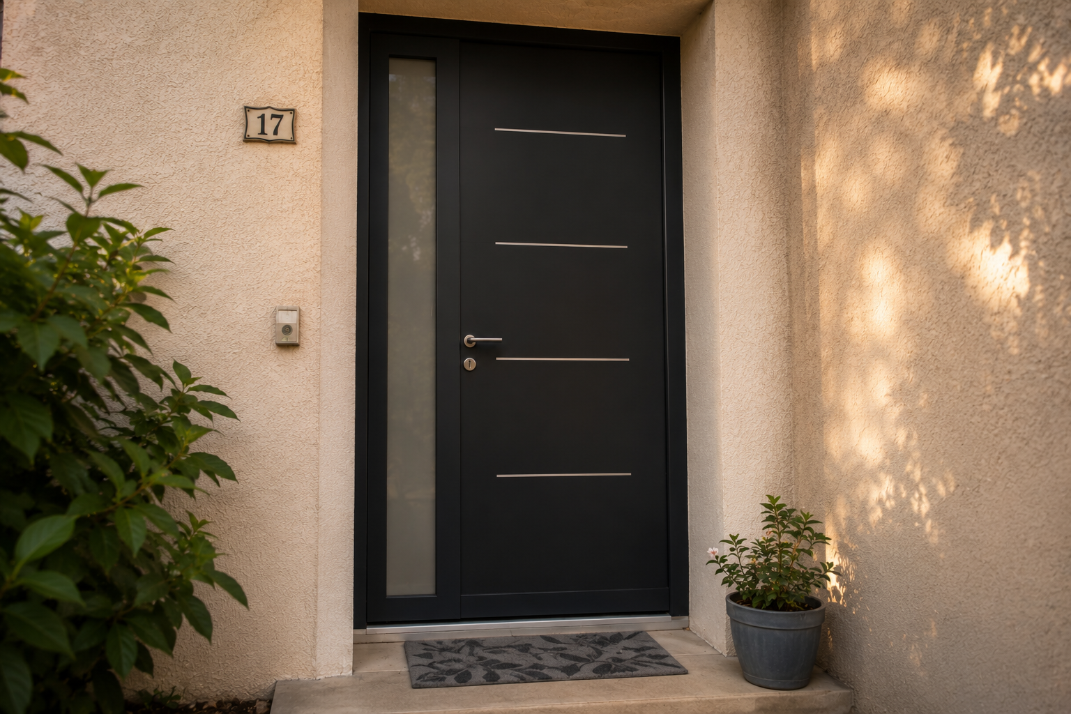 Porte d’entrée aluminium noire avec vitrage latéral