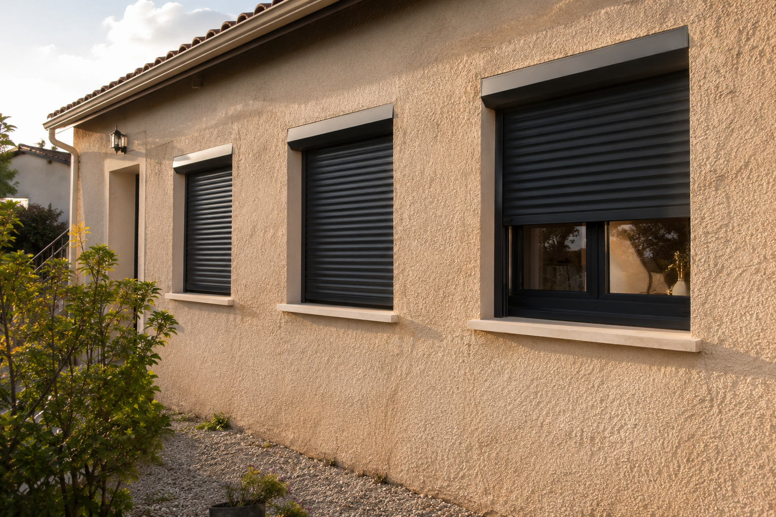 Volets roulants gris anthracite installés sur les fenêtres d’une maison
