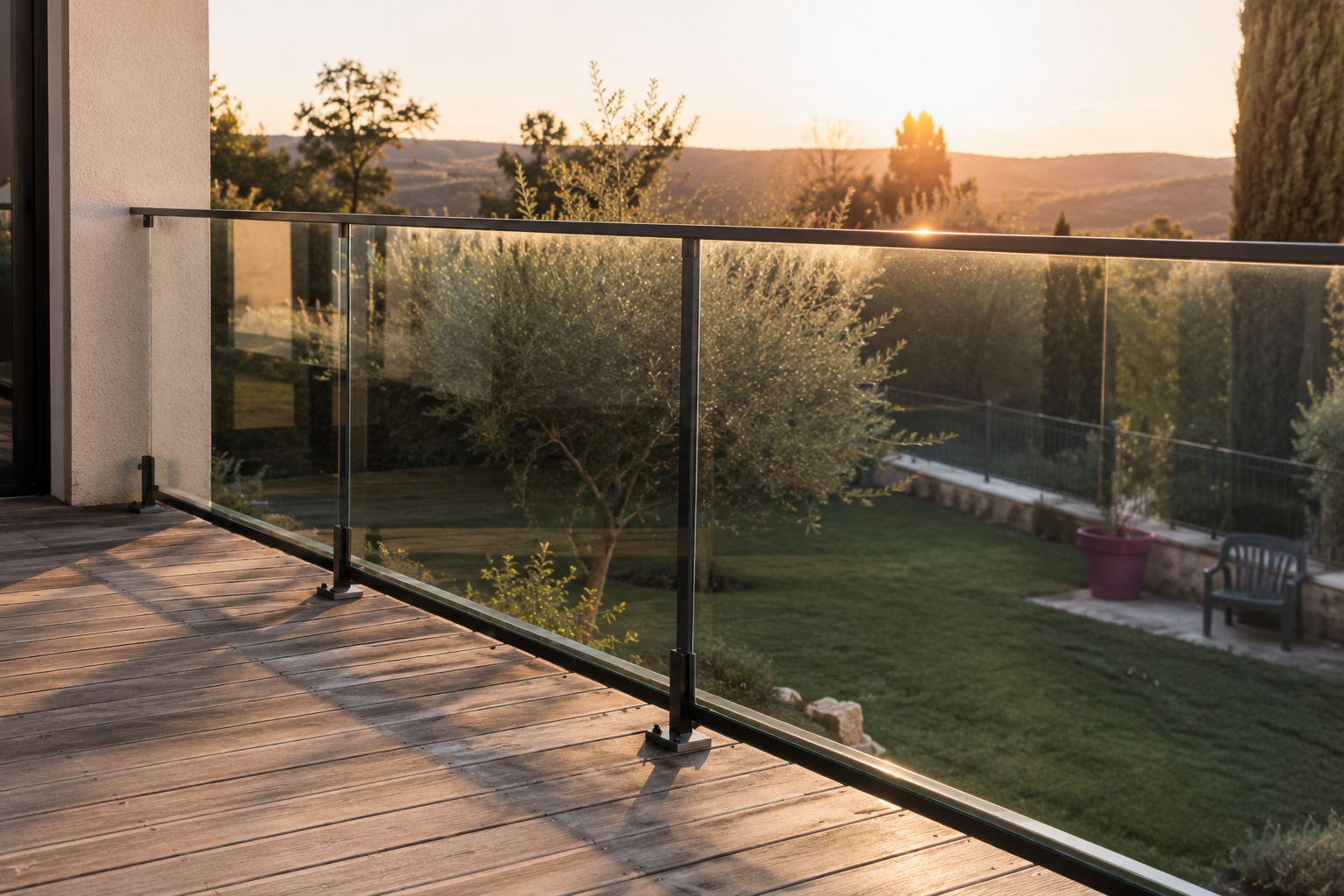 Garde-corps vitré installé sur une terrasse extérieure