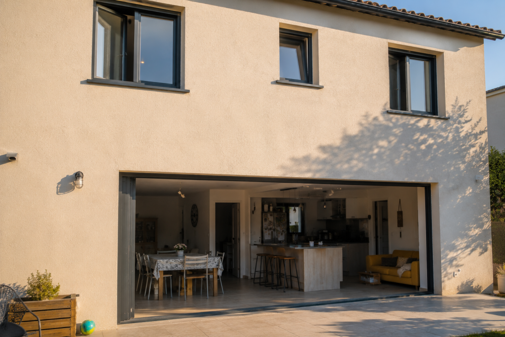 Baie vitrée coulissante et fenêtre installées sur une maison