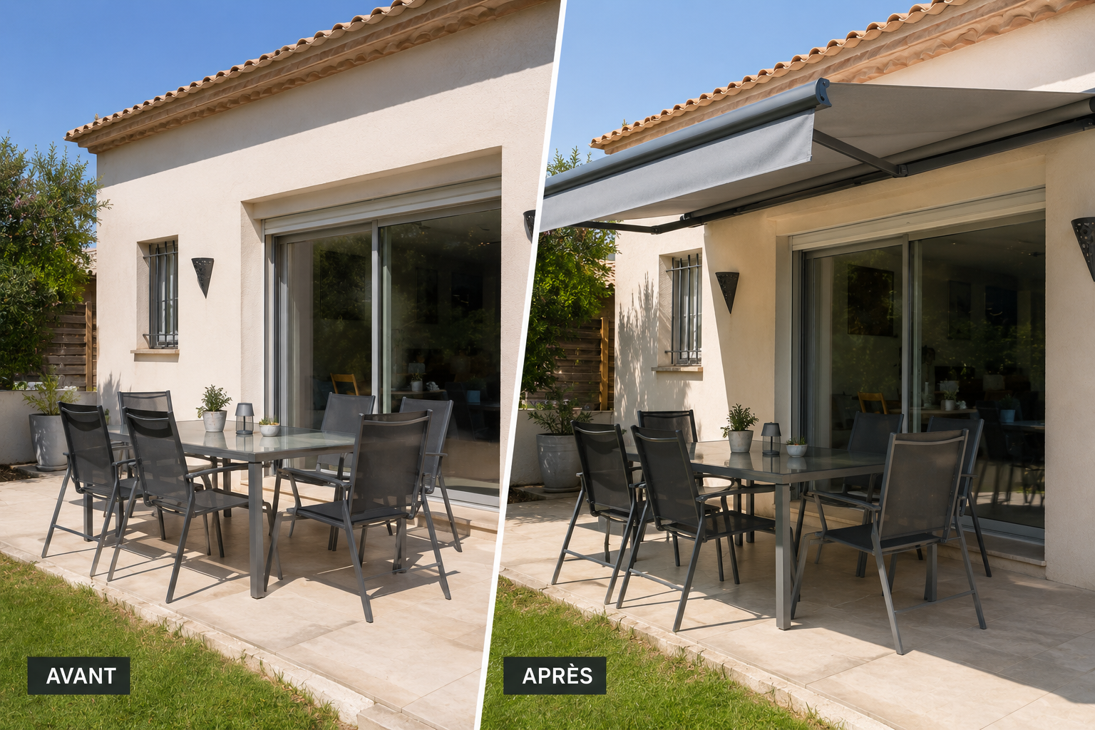 Avant après installation d’un store banne sur une terrasse