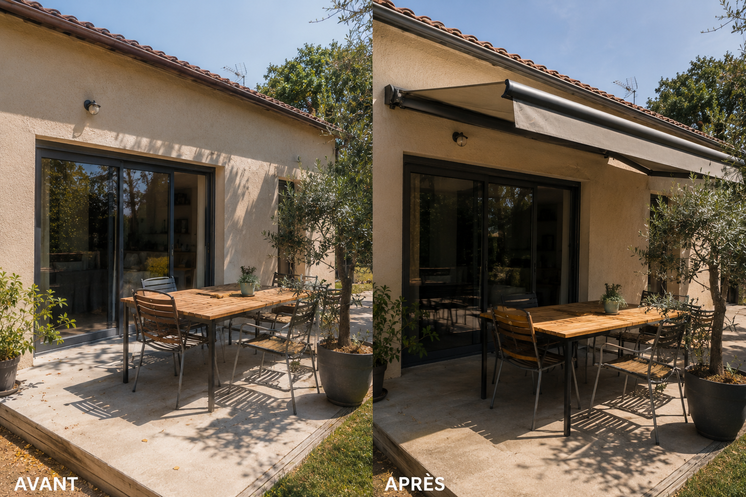 Avant après pose d’un store banne pour ombrager une terrasse