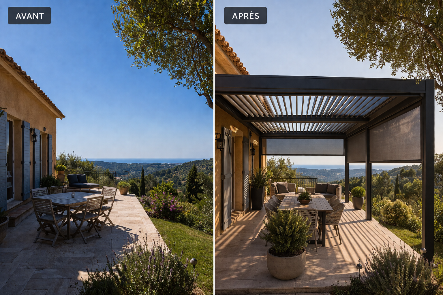 Avant après installation d’une pergola bioclimatique avec stores latéraux sur terrasse