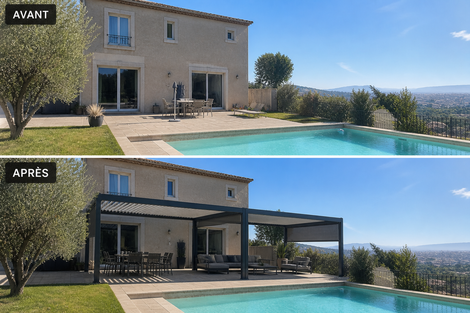 Avant après installation d’une pergola bioclimatique au bord d’une piscine