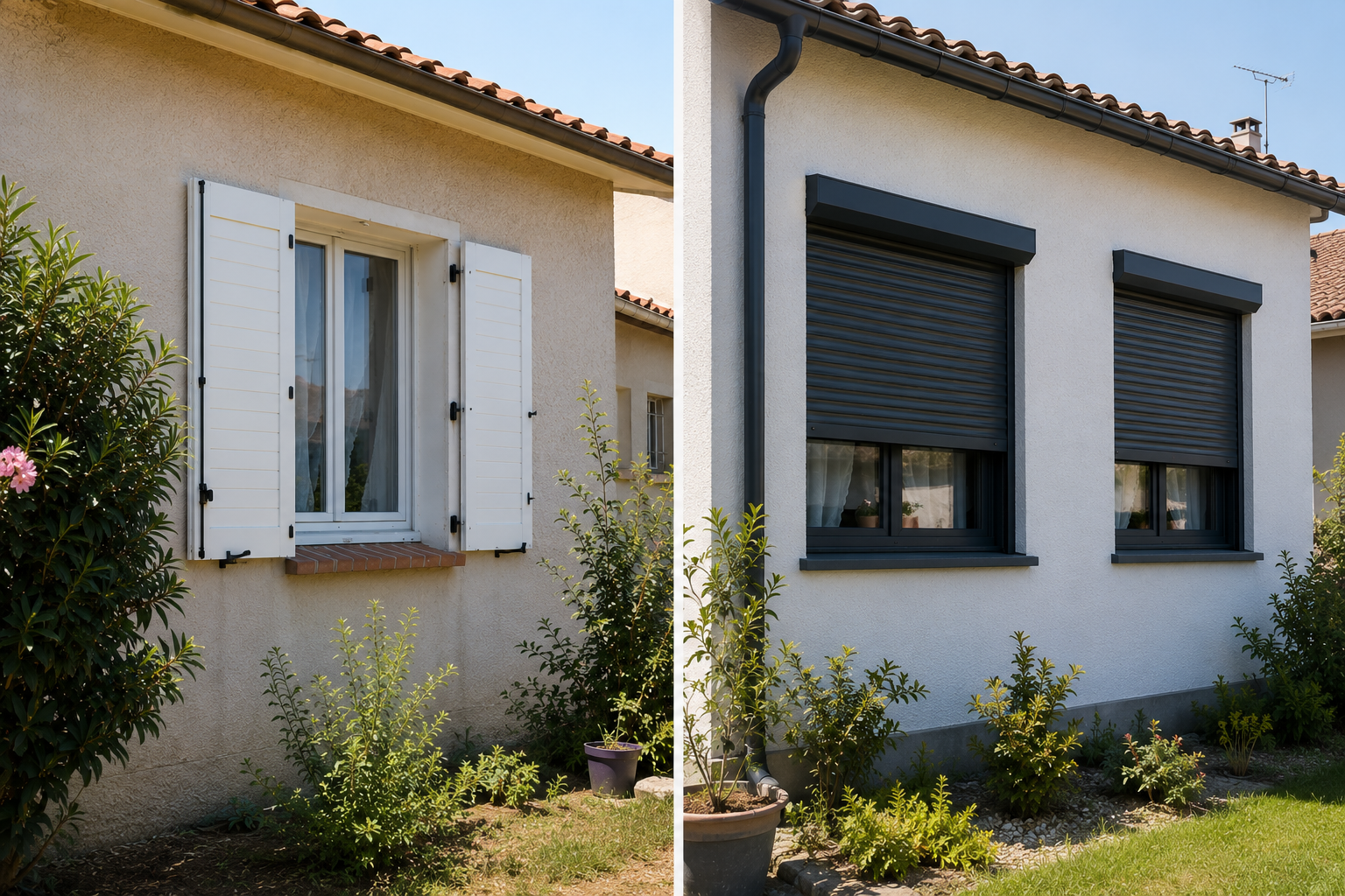 Volets battants et volets roulants installés sur une maison