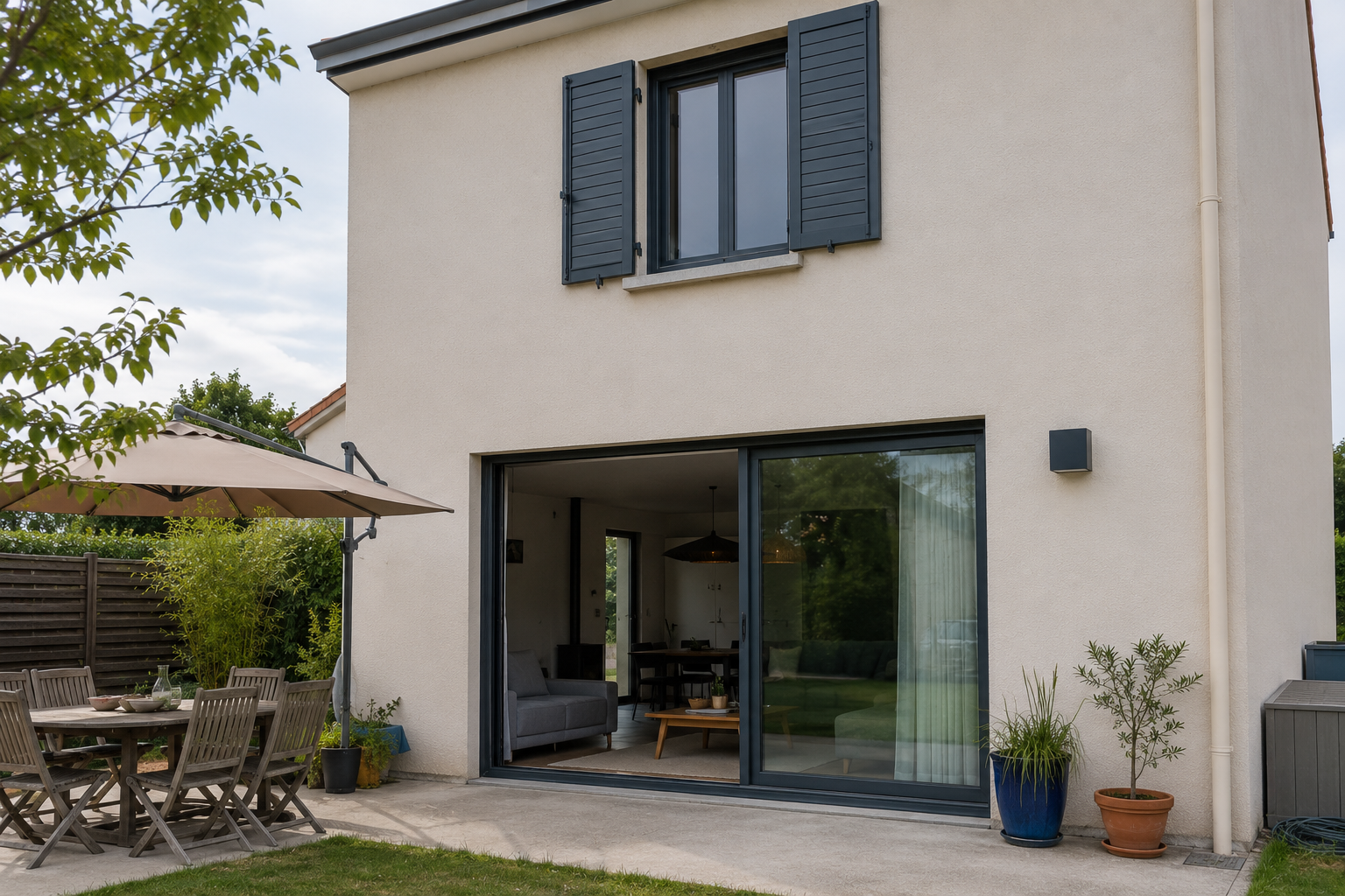 Baie vitrée coulissante et fenêtre installées sur une maison