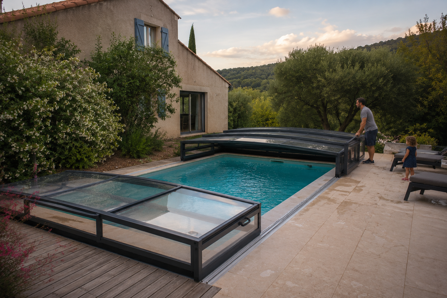 Abri de piscine sur mesure installé sur une piscine extérieure