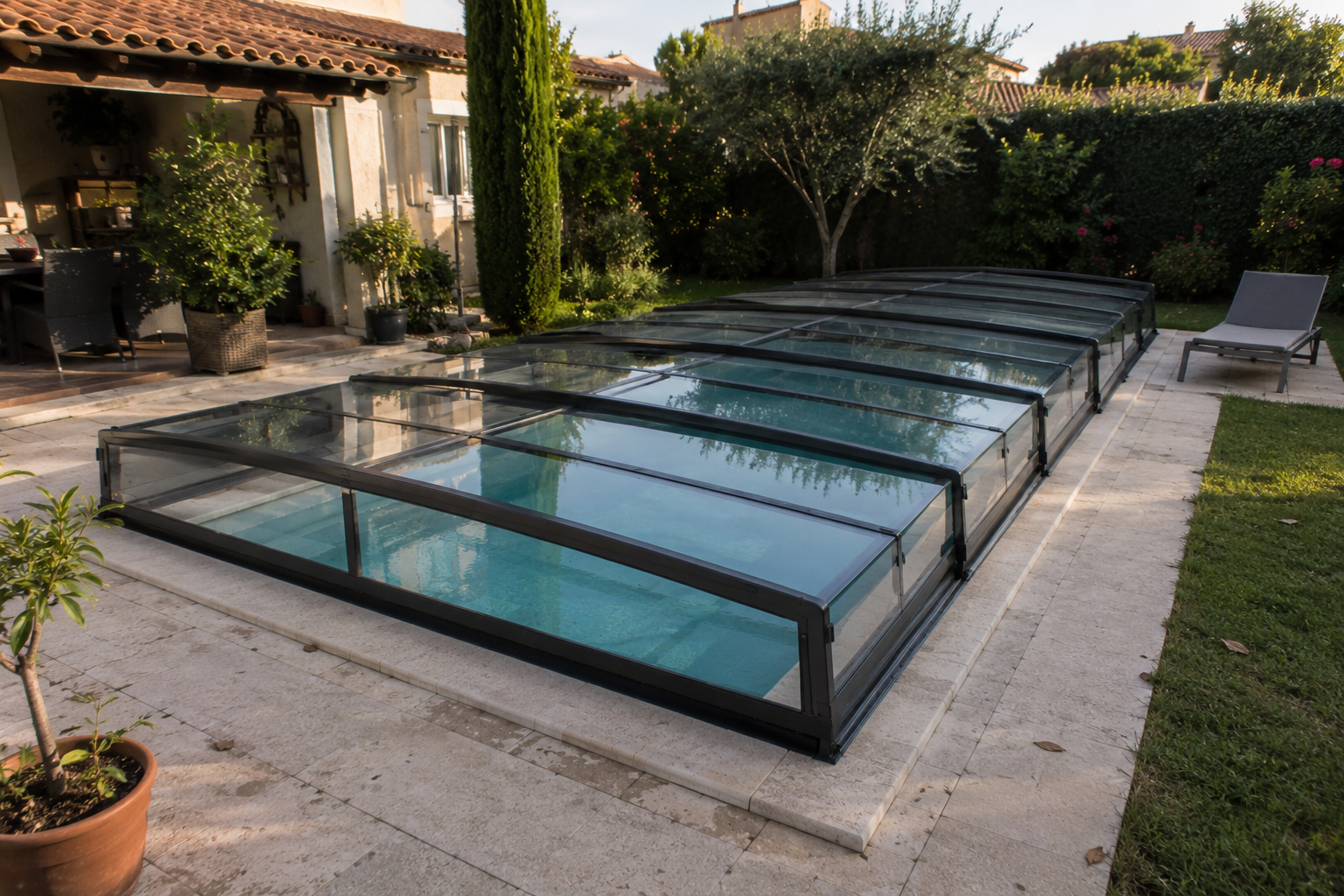 Abri de piscine sur mesure installé sur une piscine extérieure